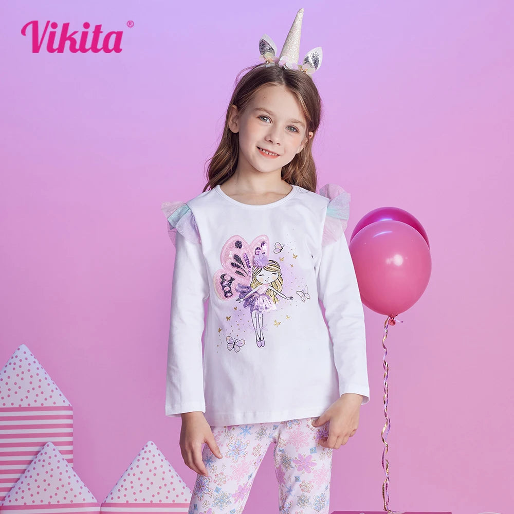 VIKITA Kinder Baumwoll-Freizeit-Tops und T-Shirts für Kleinkinder, Elfen-Cartoon, weißes T-Shirt mit ausgestellten Ärmeln, Herbst/Frühling, Größe 10-12 Jahre