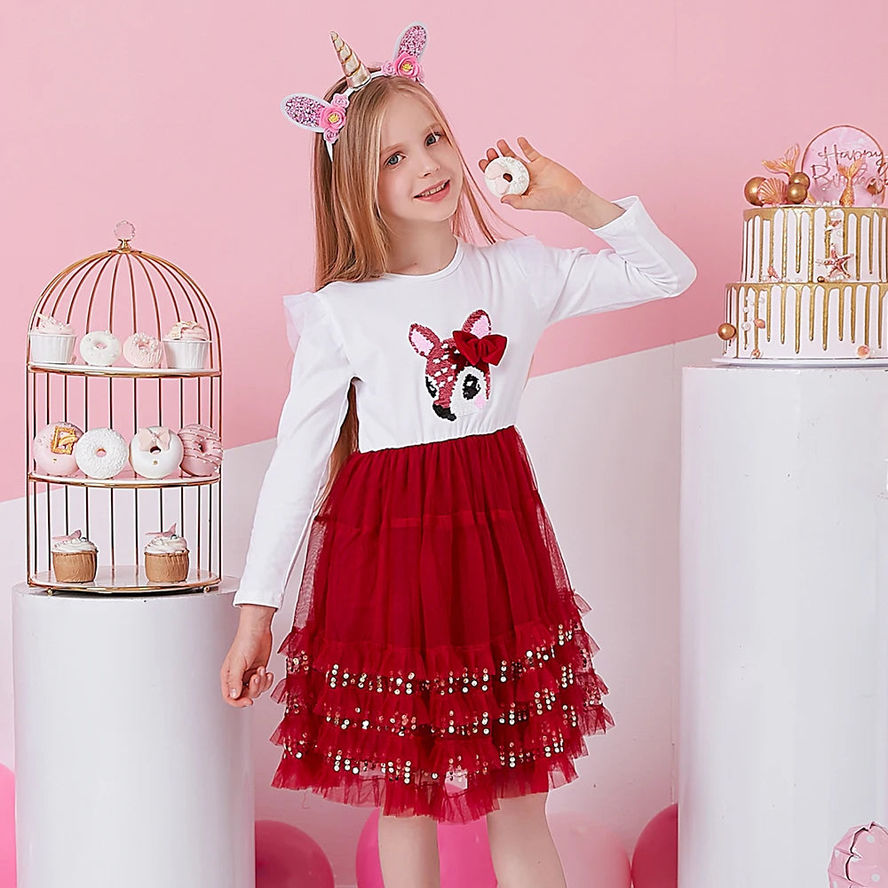 VIKITA Girls Christmas Dress New Year Clothes Kids Princess Tutu Dress Birthday Party Vestidos Children Elk Sequins Red Dresses