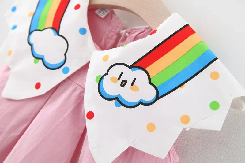 New Children's Clothing Summer Girls Rainbow Cloud Big Flip Collar Contrast Sleeveless Dress Korean Cartoon Dress