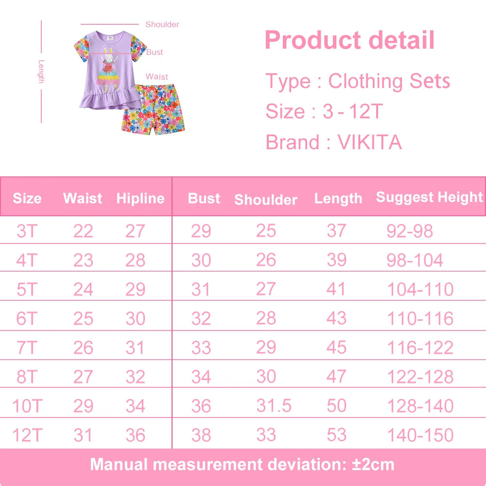 VIKITA Girls Clothing Sets for Summer Kids Rabbit Floral Print Cotton Short Sleeve T Shirt and Pants 2 Pcs Suit Clothes Sets