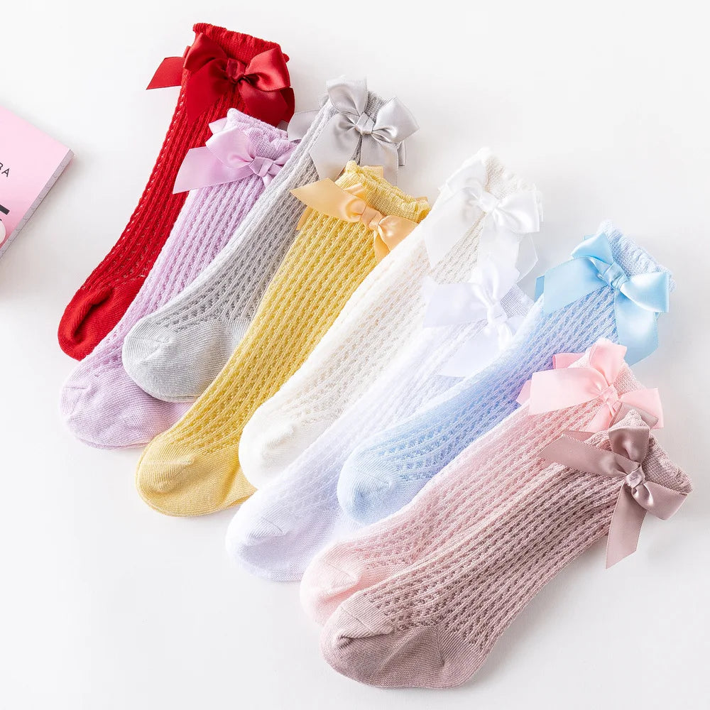 Limit quantity 0-2Y Children Girls Royal Style Bow Knee High Fishnet Socks Baby Toddler Bowknot Socks Kid Hollow Out Sock Sox