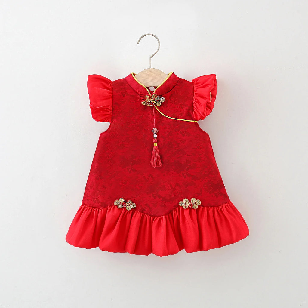 Summer New Chinese Retro Style Baby Girl Dress, Red Spring Festival Party Children'S Clothes Comes With Pendant (0 -3 Years）