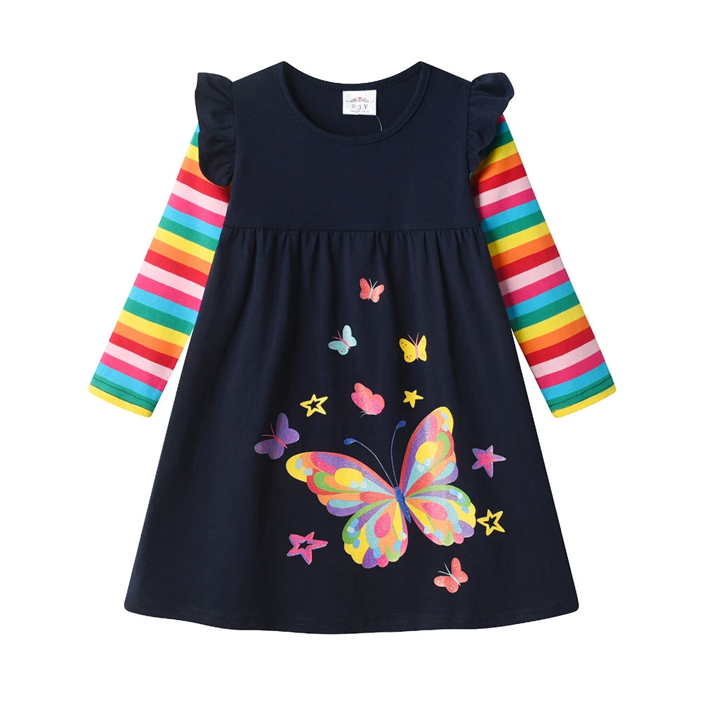 DXTON Children's Daily Dresses Cotton Toddler Casual Clothing Rainbow Long Sleeve Kids Dress Butterfly Vacation Girls Dress Wear