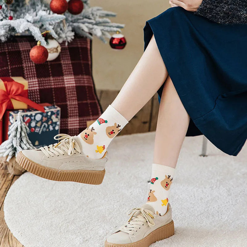 2/4/8 Pairs Children Christmas Socks Cotton Warm Mid-tube Socks For Kids Unisex Knitting Snowflake Elk Stocking Christmas Gift