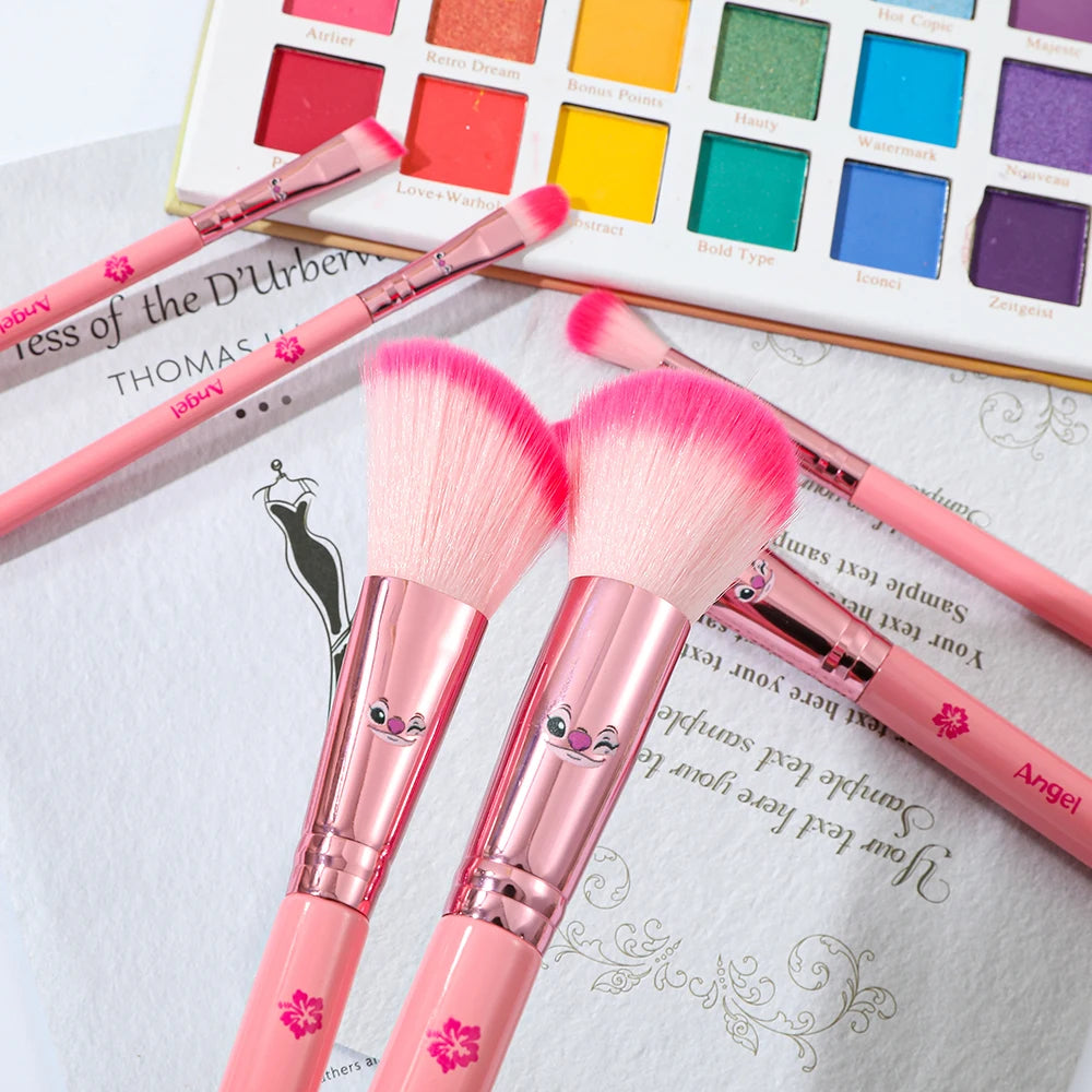 6pcs pink cartoon cute Stitch makeup brush set, wooden makeup brush eye shadow brush, gift box packaging, the perfect choice for