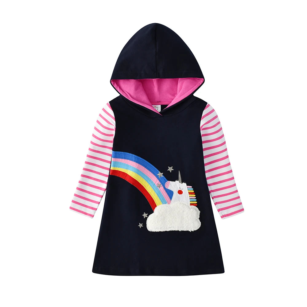 VIKITA Toddlers Hoodies Autumn Spring Winter Straight Dress Kids Unicorn Rainbow Appliqued Striped Street Sports Cotton Dresses