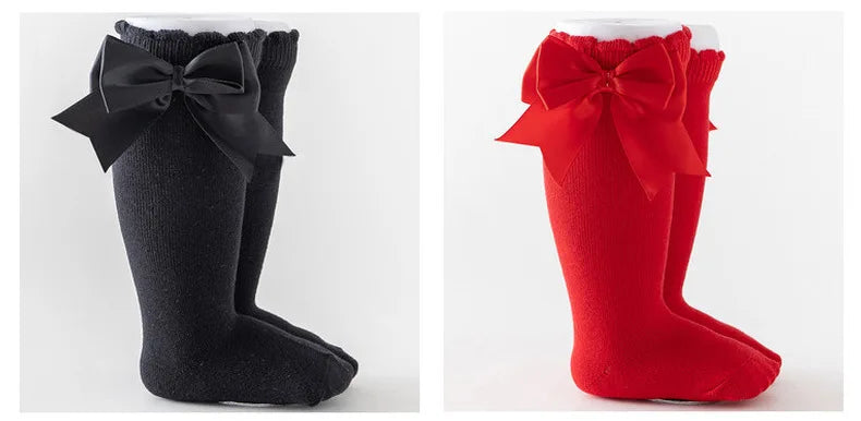 1 Pair Spanish Style Girls Socks Solid Color Big Bow 100% Cotton Baby Children Toddlers Long Socks Princess Knee High Socks