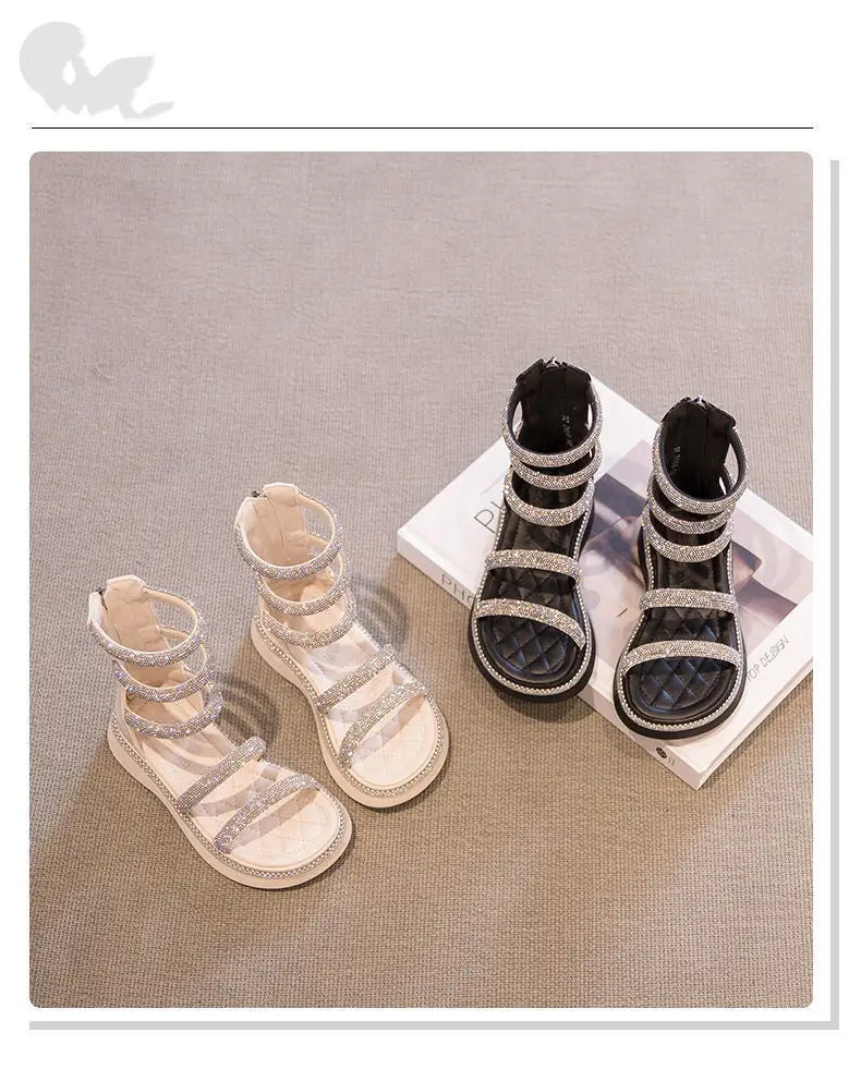 Kids'Sandals PU Leather Summer Beach Shoes For Girls Crystal Peep Toe Breathable Soft Bottom White Black Shoes Size 26-36