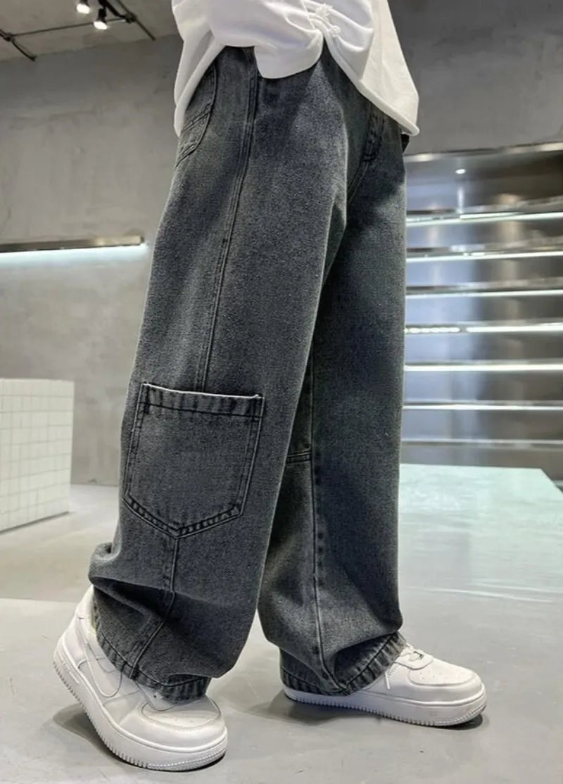 2025 Spring Boys' Wide-Leg Jeans Loose-Fit Trendy Streetwear for Kids Ages 8-14