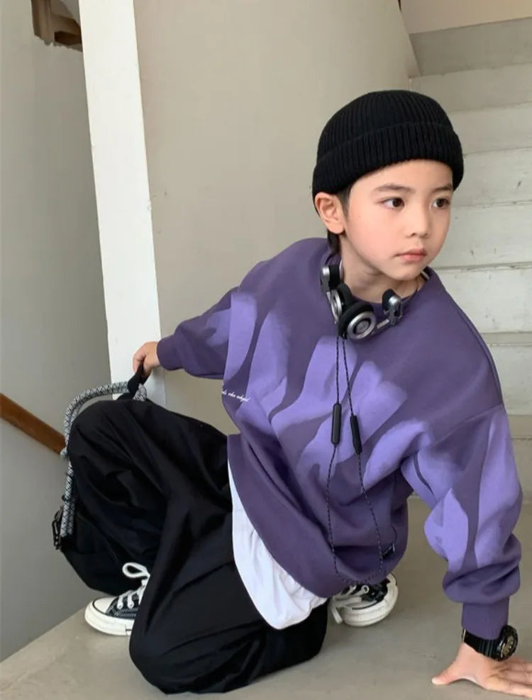 Boys' Medium To Large 2025 New Arrival No Hood Crewneck Spring/Autumn Trendy Street Style Kids Sweatshirt