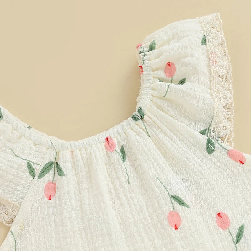 Toddler Girl Sleeveless Romper with Floral Print and Lace Detail Round Neck Jumpsuit for Summer Cute Bubble Bodysuit