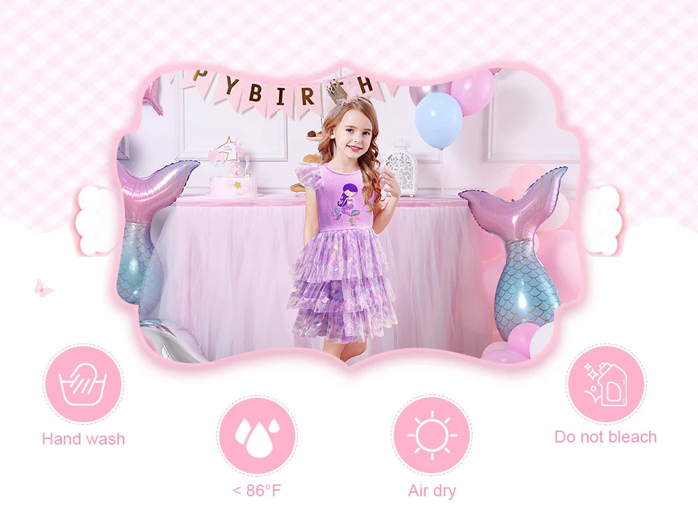 VIKITA Kids Summer Dress Girls Mermaid Print Princess Dress Flying Sleeve Toddlers Birthday Party Tutu Dress Children Clothing