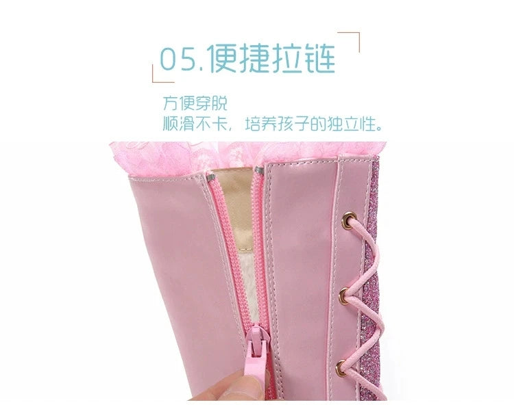 Disney Girls' Leather Boots Winter Frozen Boots Side Zipper High Plush Princess Elsa Boots Warm Children's Boots Size 27-37