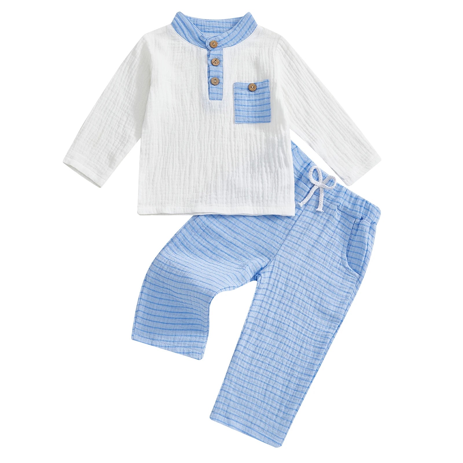 Adorable Infant Autumn Apparel Set Stylish Button-Up Shirt Matching Striped Trousers with Handy Pocket 2 Piece Ensemble
