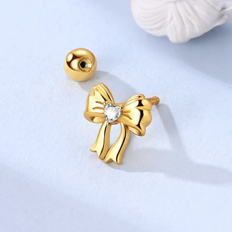 Fashion 925 Sterling Silver Plated Gold Clover Bowknot Butterfly Cartilage Puncture Spiral Bead Stud Earring For Women Ins Style