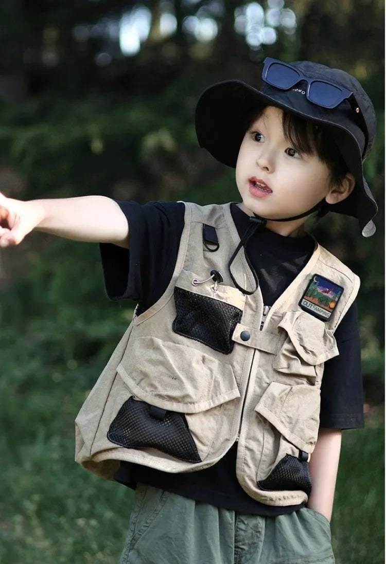 2025 New Autumn Outdoor Tactical Vest for Kids Boys Girls Olive Green Kids Cargo Vest Lightweight Waterproof Hiking Jacket