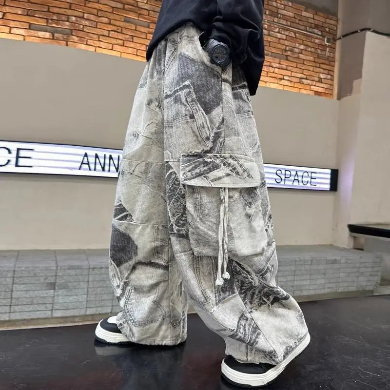 New 2025 Autumn Big Boys Wide-Leg Cargo Pants Loose Straight Comfortable Casual Bestseller for Teen Boys