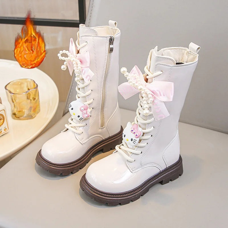 Kids'Casual Shoes Long Boots PU Leather Cartoon Kuromi Winter Shoes For Girls Anti-slip Warm Black Beige Shoes Size 26-37