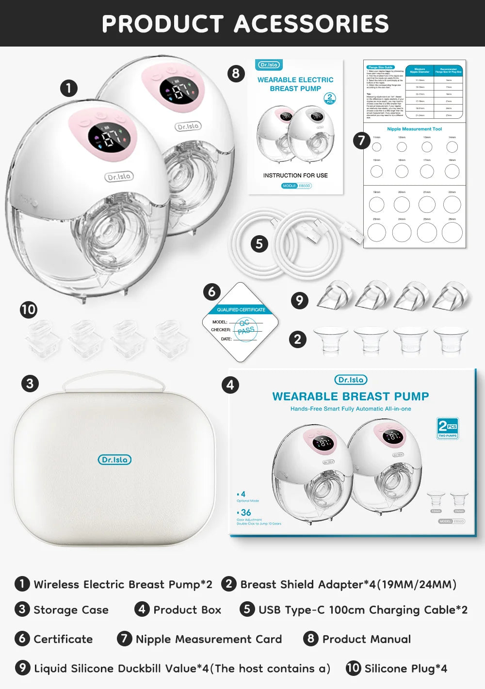 2PCS Wearable Electric Breast Pump 4Modes 36Suction Levels Breast Pump Milk Collector Gift Travel bag 19/24mm Flange