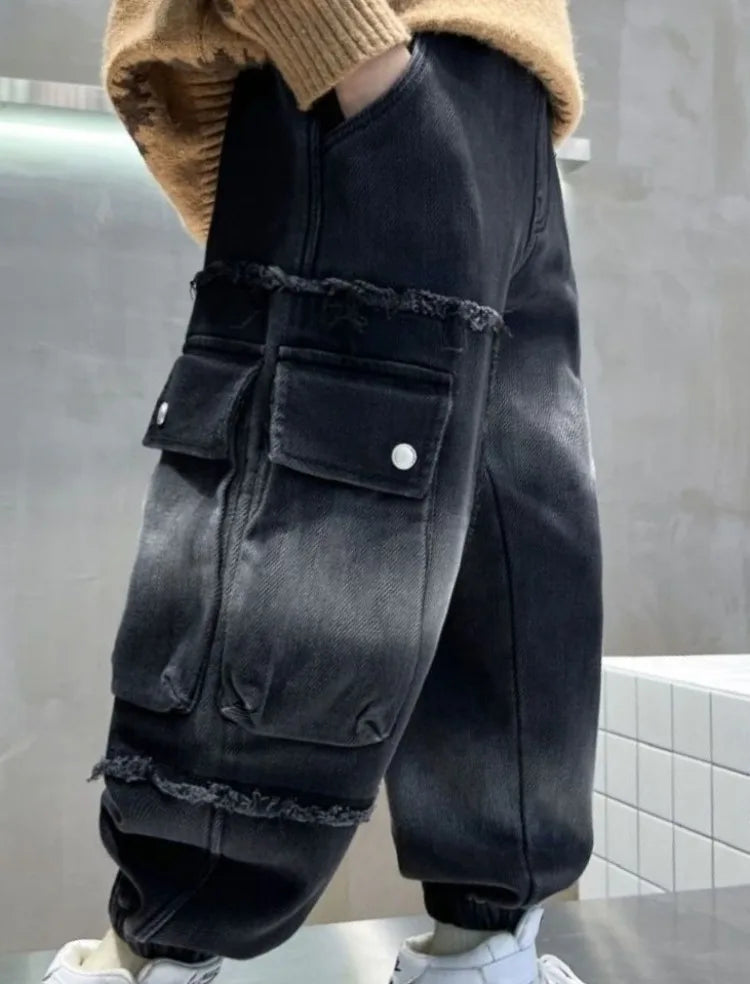 2025 Boys' Cargo Pants All-Season Washed Tie-Dye Denim Long Pants Trendy Casual Style