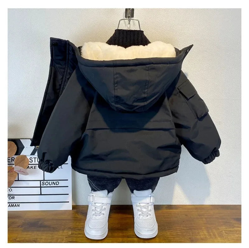 New Winter Down Cotton Jacket Boys Black Hooded Coat Children Outerwear Clothing Teenage 3-8Y Kids Parka Padded Snowsuit