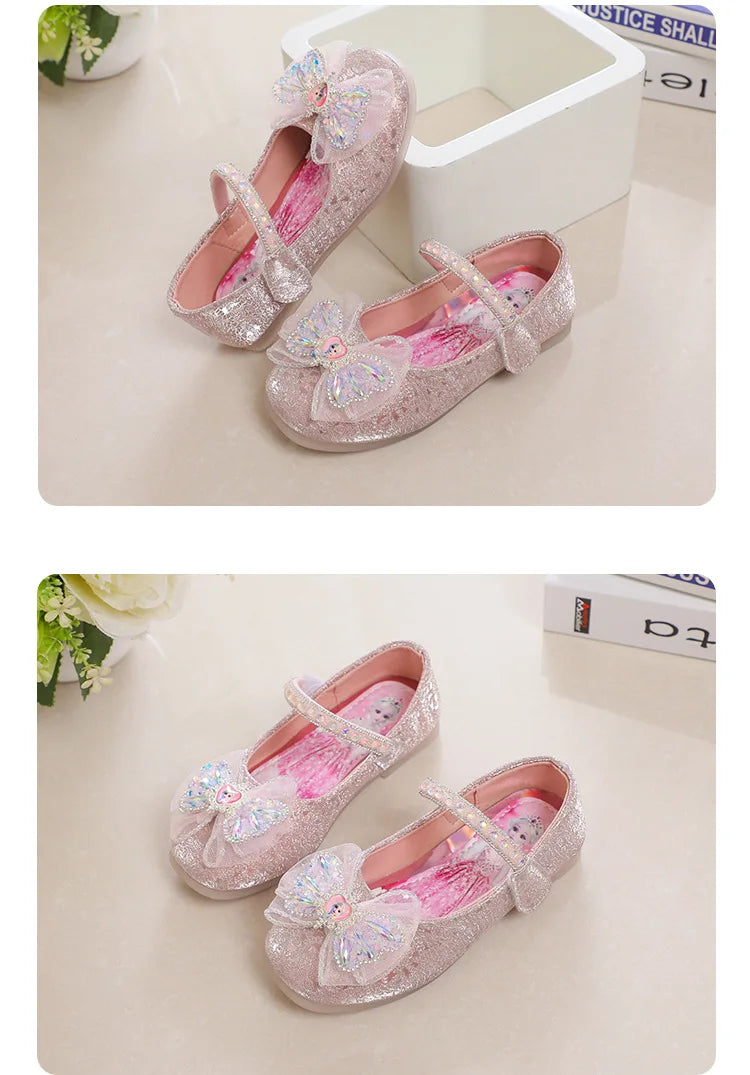 Kids'Casual Shoes Elsa Princess Frozen PU Leather Crystal Bow Spring Shoes For Girls Anti-slip Pink Blue Shoes Size 26-36