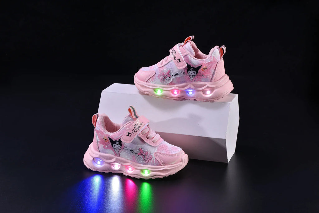 Kids'Casual Shoes Girls Led Light Cartoon PU Leather Spring Fashion Flat Bottom Anti-slip Soft Bottom Pink Purple Size 21-30