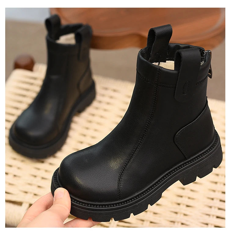 Girls' short boots, genuine leather, children's cotton boots, soft soled leather boots, children's shoes, 2025 autumn and winter