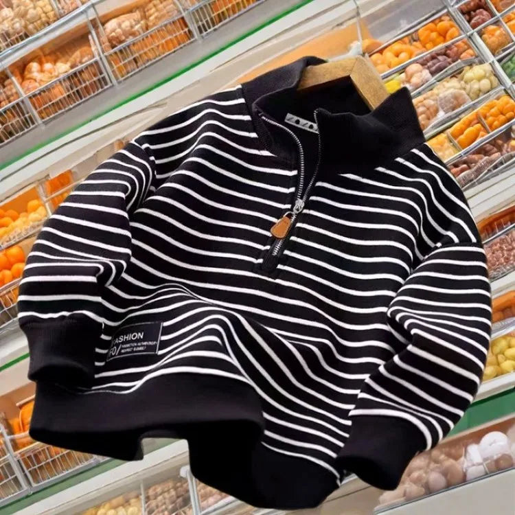2025 New Boys' Medium-Large Lightweight Autumn Polo-Style Sweatshirt - Striped Half-Zip with Stand Collar & Lapel Top