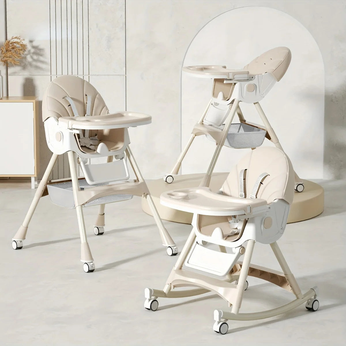 3-in-1 Convertible Baby High Chair Foldable Infant Chair Rocking Chair with Harness Lockable Wheels Removable Seat & Trays