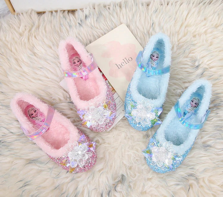 Disney Girls' Plush Slippers Frozen Cute Children's Princess Elsa Winter Cotton Slippers Baby Snow Home Pink Blue Shoes Size 23