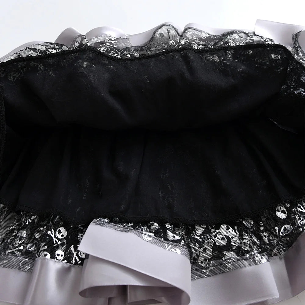 VIKITA Girls Skull Print Festival Tull Lace Tutu Skirt with Bow Knot Ruffled Skirt for Halloween Party Wear Fashion Costumes