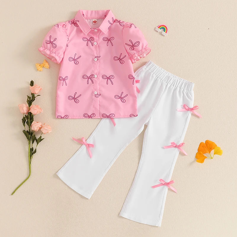 Girls Summer Outfits Adorable Bow Print Short-Sleeve T-Shirt with Button-Up Detail and Elastic Flare Pants - 2-Piece Set for