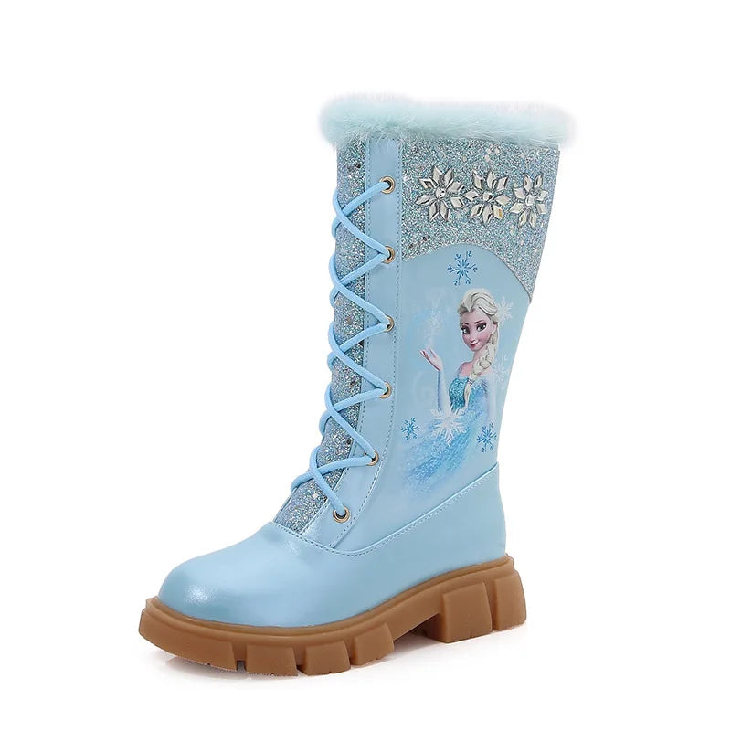Disney Girls' Princess Elsa Frozen Boots Children's Long Sleeve Boots Women's Cotton Winter Plush Thickened High Sleeve Boots