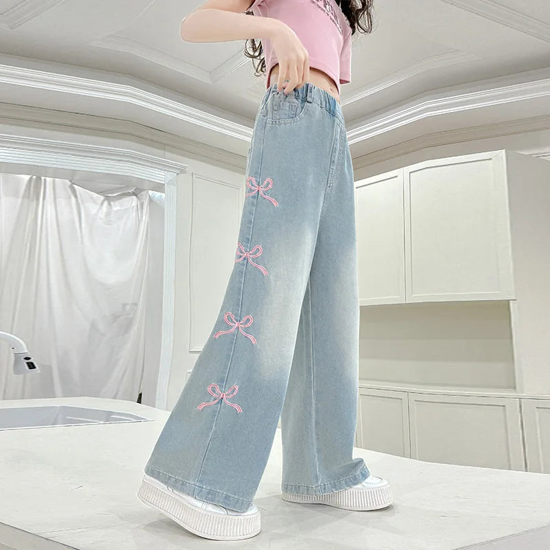 Girls' side pink bow embroidered wide-leg pants 2025 summer thin style slim straight pants suitable for outdoor 5-15 years old