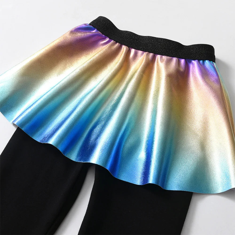 VIKITA Girls Legging Skirt-Pants Kids Gradient Tights Children Cotton Casual Pencil Pants Girl Skinny Fake 2 Pcs Skirt-pants