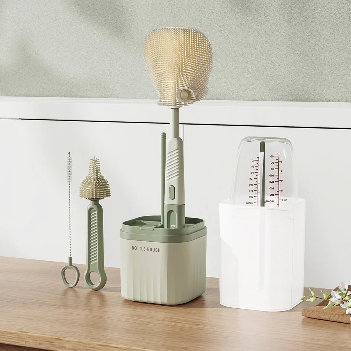 Baby Silicone Bottle Brush Set with Stand Baby Cleaning Brush Travel Size Drain Rack Long Handle 3 in 1 Multipurpose