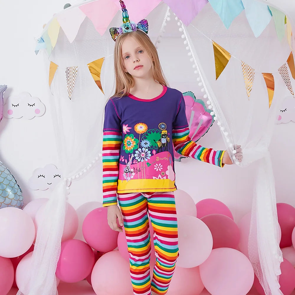 VIKITA Girls Clothing Sets Kids Floral Print Long Sleeve Cotton Rainbow Striped T Shirt and Leggings 2 Pcs Home Wear Clothes Set