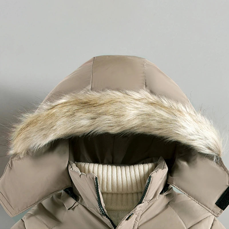 New Winter Boys Jacket Long Style Letter Print Thick Warm Hooded Coat Fur Collar Down Cotton Outerwear For 4-10 Years Kids