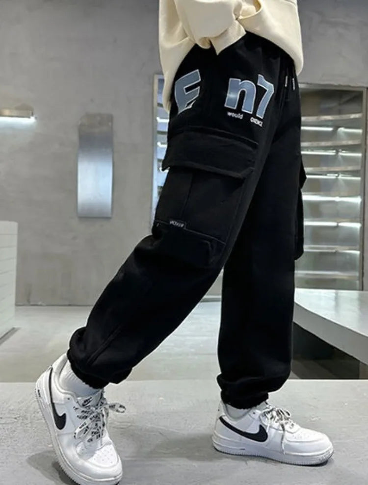 Boys Cargo Pants Spring Autumn Fleece-Lined Kids Casual Loose Long Pants Stylish Warmth Outdoor Playwear