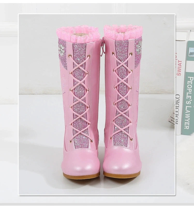 Disney Girls' Leather Boots Winter Frozen Boots Side Zipper High Plush Princess Elsa Boots Warm Children's Boots Size 27-37