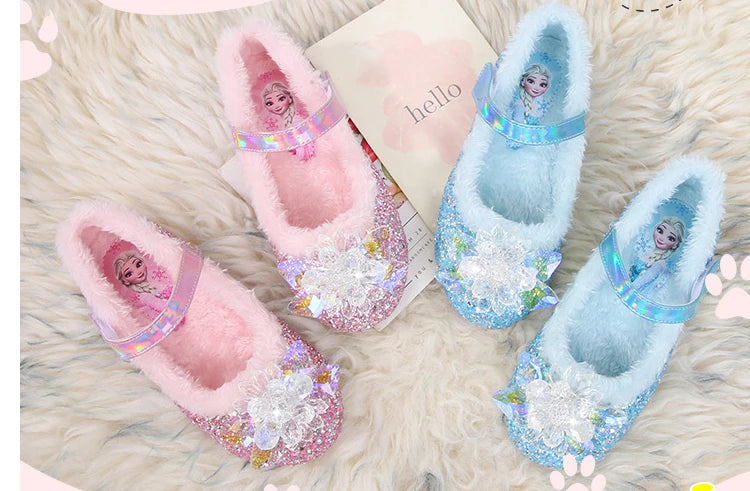 Disney Girls' Plush Slippers Frozen Cute Children's Princess Elsa Winter Cotton Slippers Baby Snow Home Pink Blue Shoes Size 23