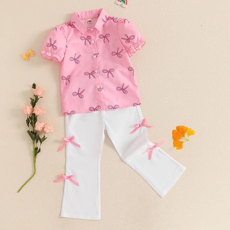 Girls Summer Outfits Adorable Bow Print Short-Sleeve T-Shirt with Button-Up Detail and Elastic Flare Pants - 2-Piece Set for