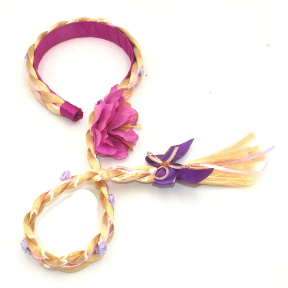 Cute Girls Flower Weaving Braid Headband Princess Dress Up Artificial Wig Kids Birthday Halloween Rapunzel Cosplay Headwear