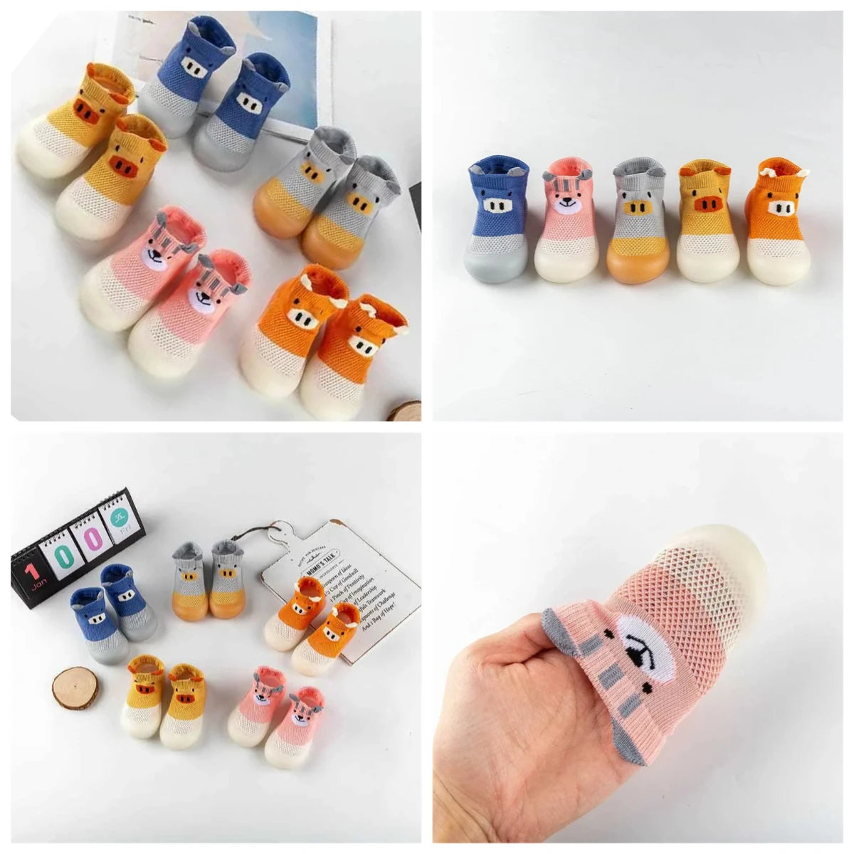 New product breathable grid socks shoes baby soft sole indoor anti-slip toddler shoes cartoon style cute pig socks shoes