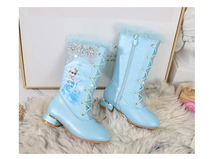 Disney Girls' Leather Boots Winter Cartoon Frozen Boots Side Zipper High Plush Princess Elsa Boots Warm Children's Boots Size 27