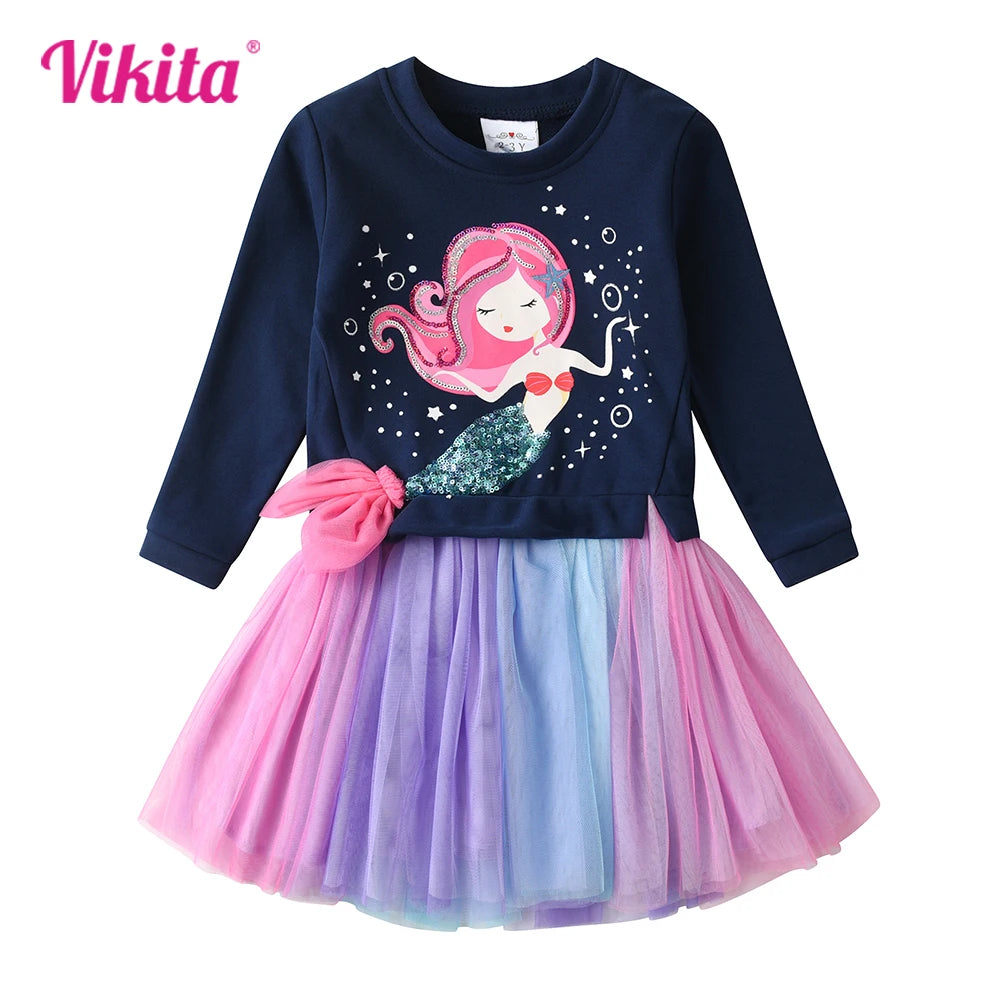 VIKITA Girls Sweater Dress Children Cotton Casual Patchwork Dress Kids Mermaid Appliqued Princess Cartoon Party Fashion Dresses
