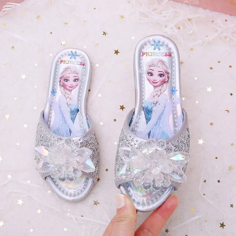 Disney Children's Sandals Frozen Slippers Fashion Elsa Princess Shoes Crystal Flowers Non-slip Blue Pink Silver Girls' Sandals