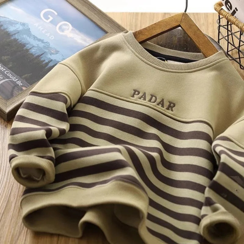 Boys' 2025 New Arrival No Hood Double Fleece-Lined Thickened Striped Crewneck Sweatshirt Autumn/Winter Trendy