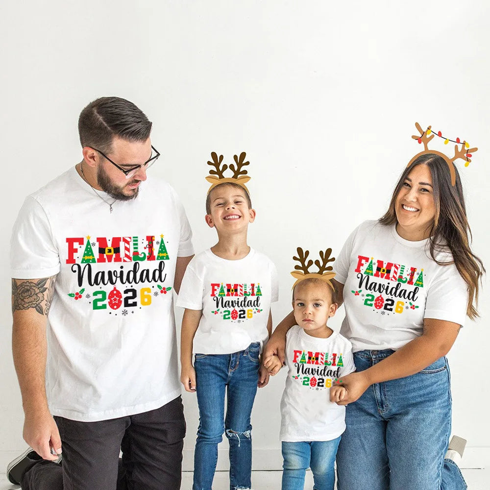 2026 Christmas Family Pattern Print Familt Matching Tee Shirts Dad Mom Kids Round Neck Tee Tops Baby White Bodysu